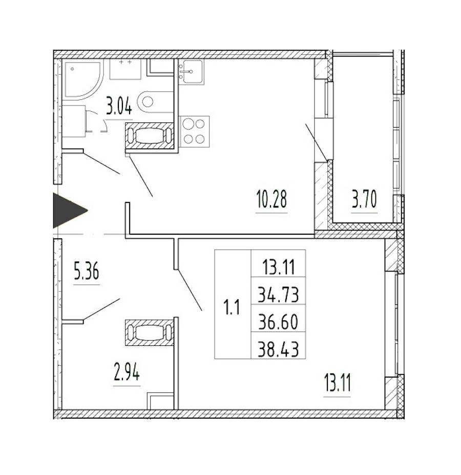 1-комнатная квартира 34.72 м², 12/13 эт., ЖК «Полис Приморский 2»